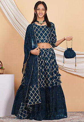 Embroidered Georgette Lehenga in Teal Blue