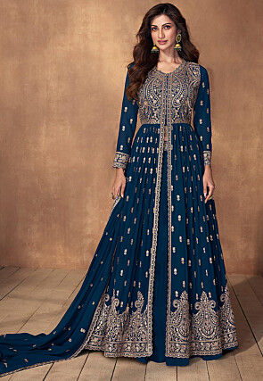 Embroidered Georgette Lehenga in Teal Blue