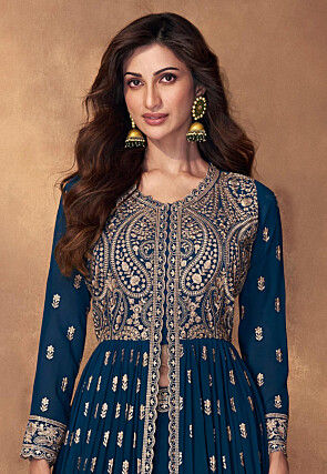 Embroidered Georgette Lehenga in Teal Blue