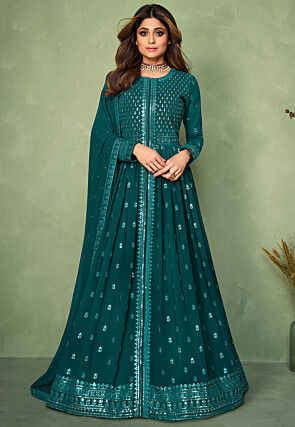 Embroidered Georgette Lehenga in Teal Green
