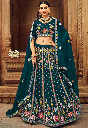 Embroidered Georgette Lehenga in Teal Green