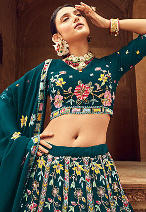 Embroidered Georgette Lehenga in Teal Green