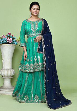 Embroidered Georgette Lehenga in Teal Green