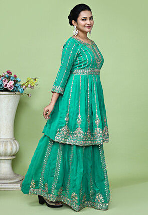 Embroidered Georgette Lehenga in Teal Green