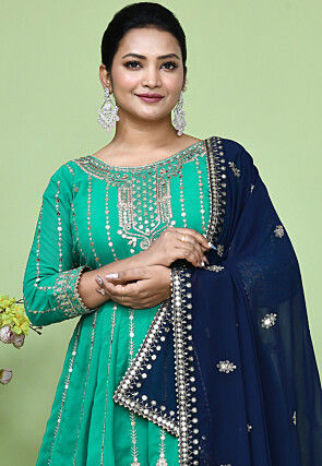 Embroidered Georgette Lehenga in Teal Green