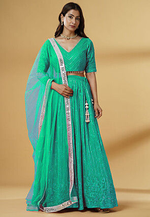 Embroidered Georgette Lehenga in Teal Green