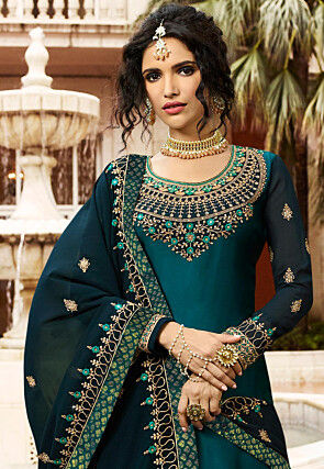 Embroidered Georgette Lehenga in Teal Green