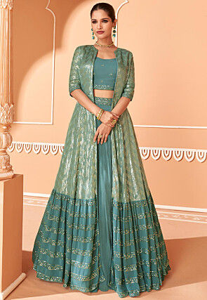 Embroidered Georgette Lehenga in Teal Green