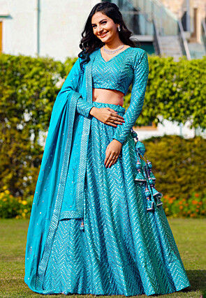 Embroidered Georgette Lehenga in Turquoise
