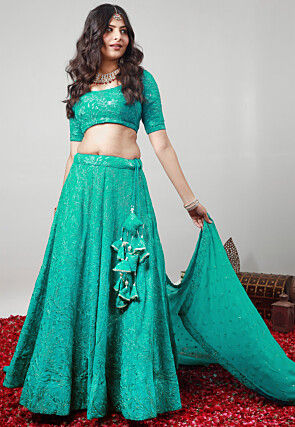 Embroidered Georgette Lehenga in Turquoise
