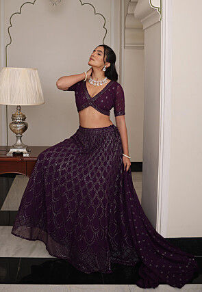 Embroidered Georgette Lehenga in Violet