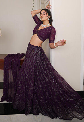 Embroidered Georgette Lehenga in Violet