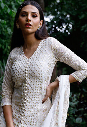 Embroidered Georgette Lehenga in White