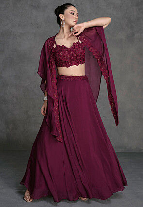 Embroidered Georgette Lehenga in Wine