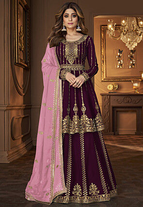 Embroidered Georgette Lehenga in Wine
