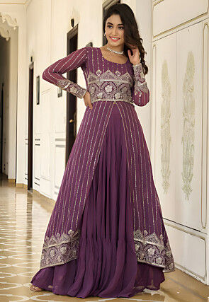 Embroidered Georgette Lehenga in Wine