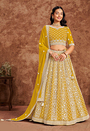 Embroidered Georgette Lehenga in Yellow