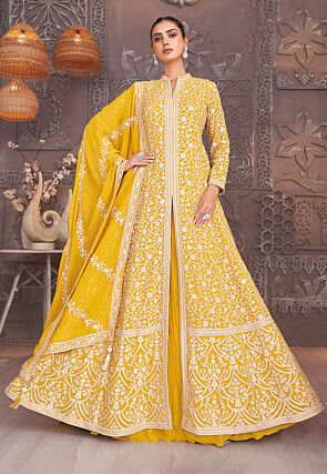 Embroidered Georgette Lehenga in Yellow