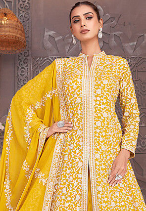 Embroidered Georgette Lehenga in Yellow