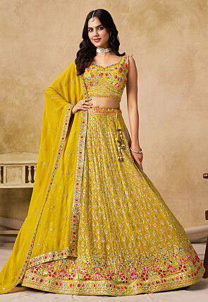Embroidered Georgette Lehenga in Yellow