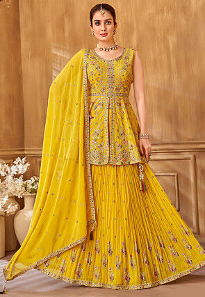 Embroidered Georgette Lehenga in Yellow