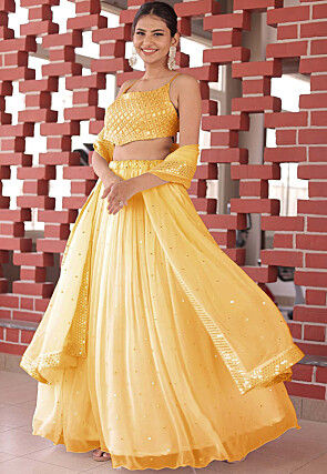 Embroidered Georgette Lehenga in Yellow