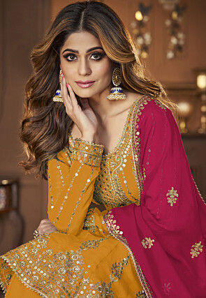 Embroidered Georgette Lehenga in Yellow