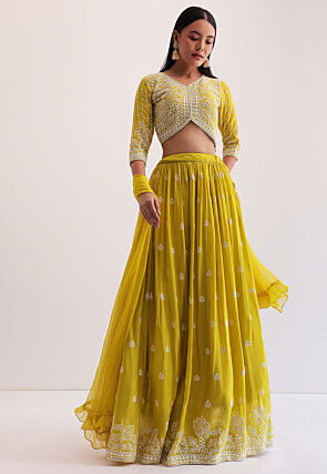 Embroidered Georgette Lehenga in Yellow