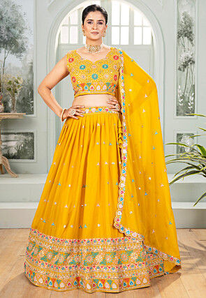 Embroidered Georgette Lehenga in Yellow
