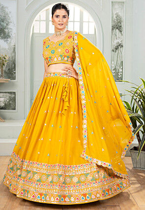 Embroidered Georgette Lehenga in Yellow