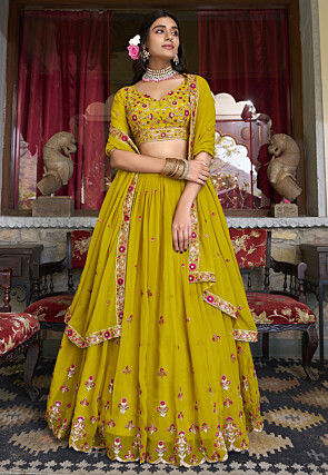 Embroidered Georgette Lehenga in Yellow