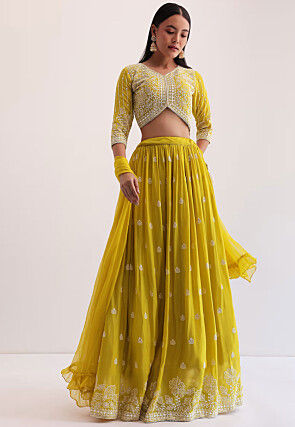 Embroidered Georgette Lehenga in Yellow