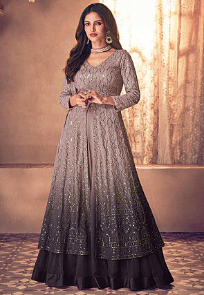 Embroidered Georgette Lehenga in Shaded Old Rose and Charcoal