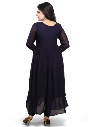 Embroidered Georgette Long Dress In Navy Blue