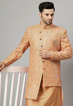 Embroidered Georgette Long Jacket in Beige