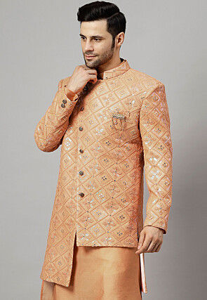 Embroidered Georgette Long Jacket in Beige