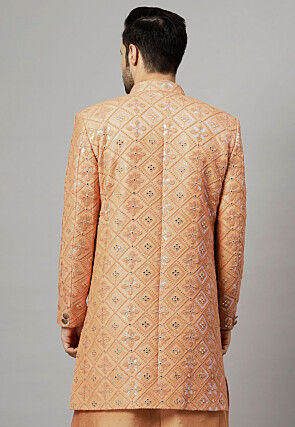 Embroidered Georgette Long Jacket in Beige