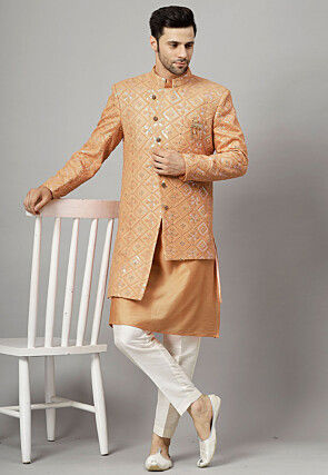 Embroidered Georgette Long Jacket in Beige