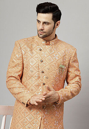 Embroidered Georgette Long Jacket in Beige