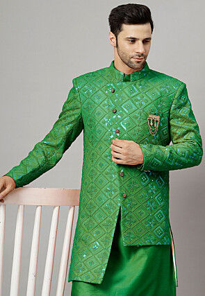 Embroidered Georgette Long Jacket in Green
