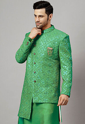 Embroidered Georgette Long Jacket in Green