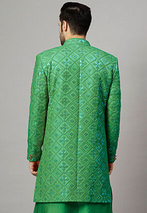 Embroidered Georgette Long Jacket in Green