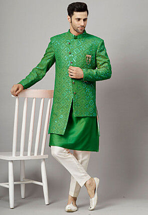 Embroidered Georgette Long Jacket in Green