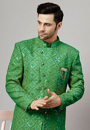 Embroidered Georgette Long Jacket in Green