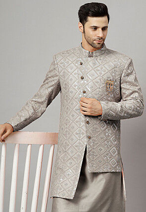 Embroidered Georgette Long Jacket in Grey