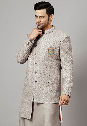 Embroidered Georgette Long Jacket in Grey