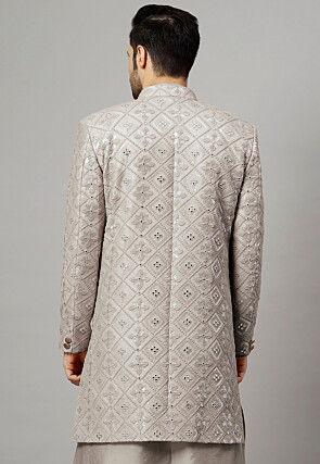 Embroidered Georgette Long Jacket in Grey