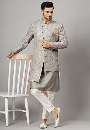 Embroidered Georgette Long Jacket in Grey