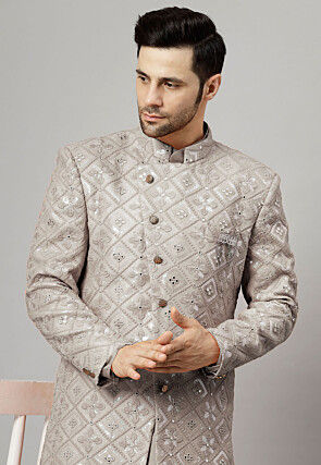 Embroidered Georgette Long Jacket in Grey