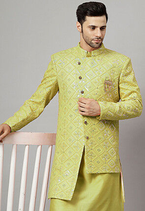 Embroidered Georgette Long Jacket in Light Olive Green